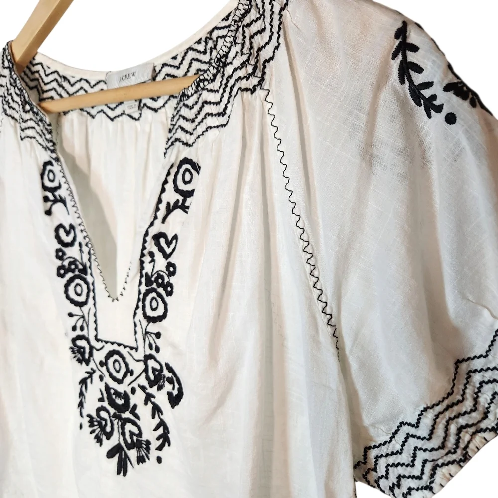 J. Crew Top Airy White Cotton Embroidered Short Puff Sleeve Gauze Boho Blouse 10